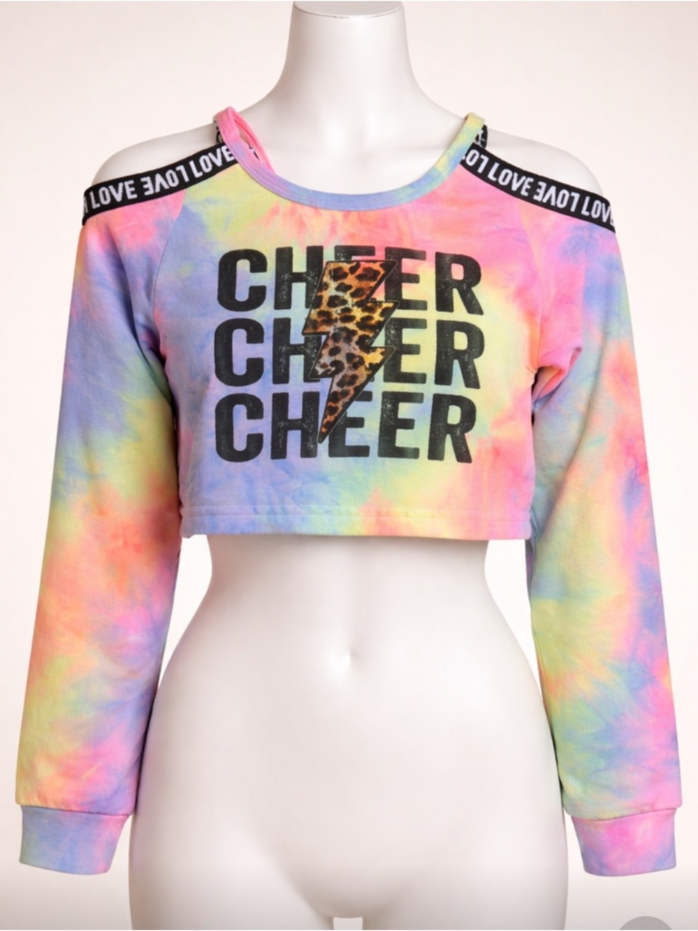 Tie-Dye 'CHEER' Cropped Sweatshirt with Leopard Lightning